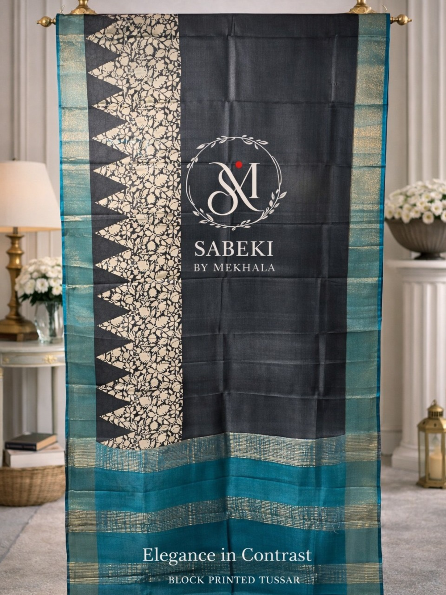Monochrome Hand Block Printed Pure Tussar with turquoise Blue Border