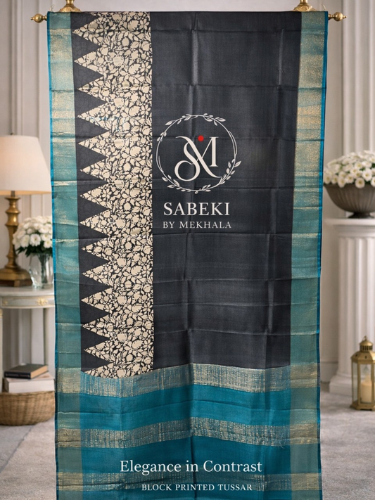 Monochrome Hand Block Printed Pure Tussar with turquoise Blue Border