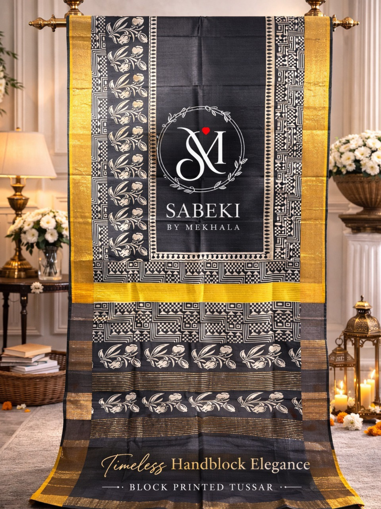 Monochrome Hand Block Printed Pure Tussar with yellow Border