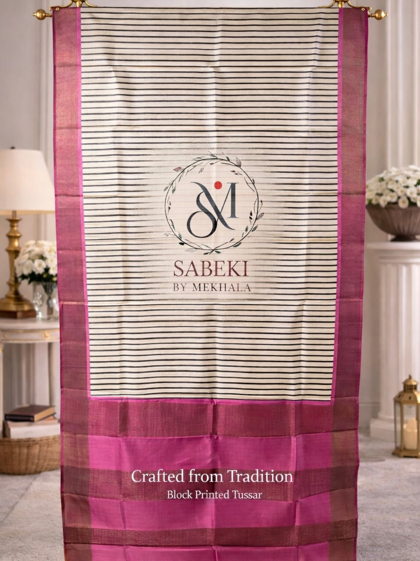 A striped Hand Block Printed Pure Tussar with Pink Border