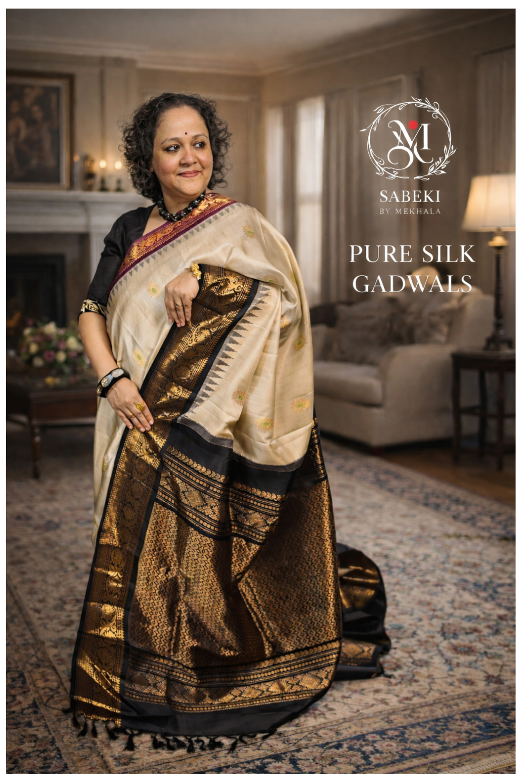 Off-White, Black and Dark purple Ganga-Jamuna pure silk Gadwal