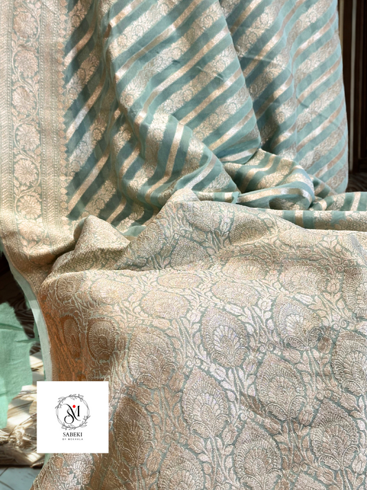 Khaddi georgette Banarasi in Pastel Aqua Green with Antique Zari-4
