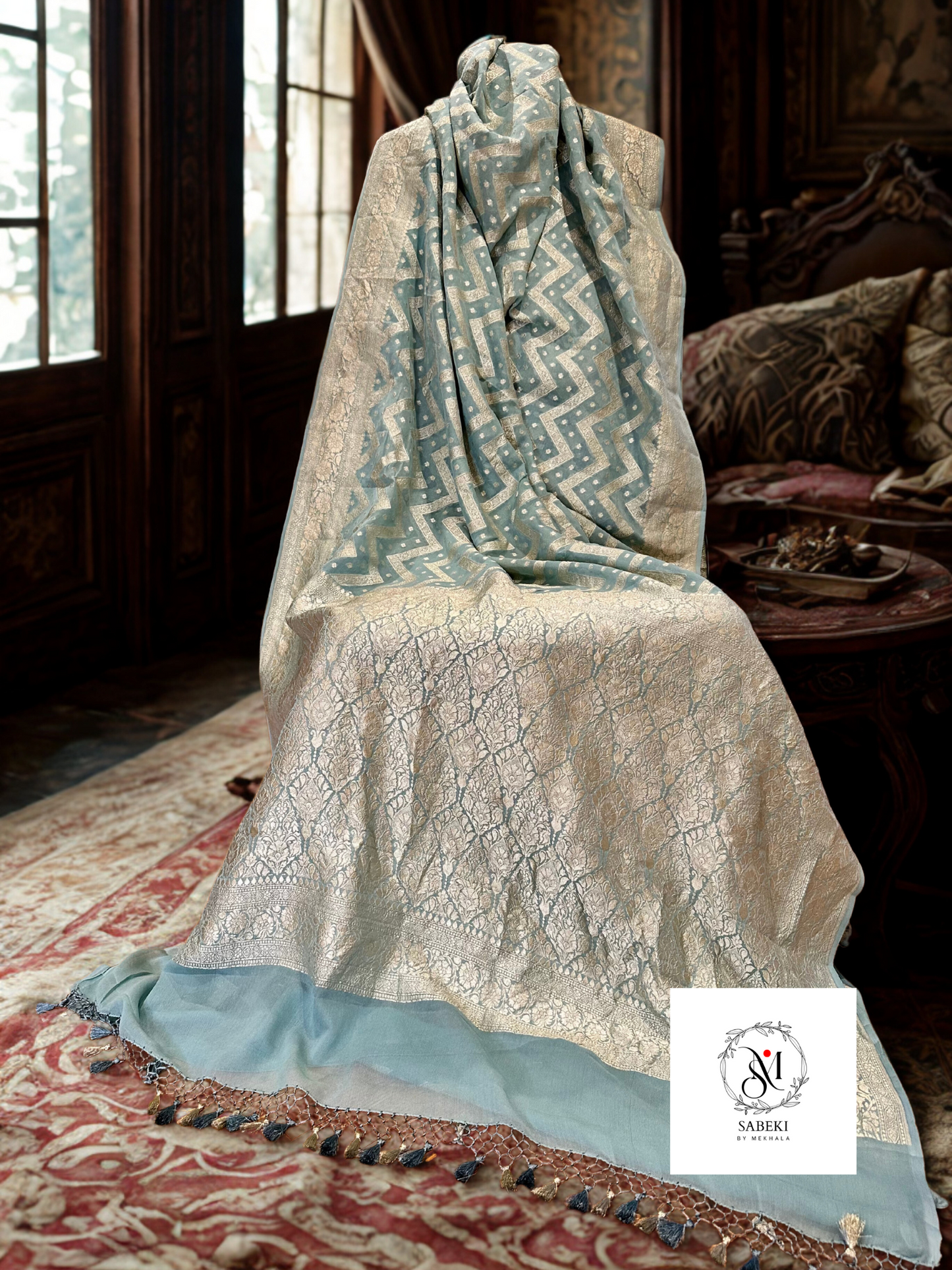 Khaddi georgette Banarasi in Pastel Aqua Blue with Antique Zari-2
