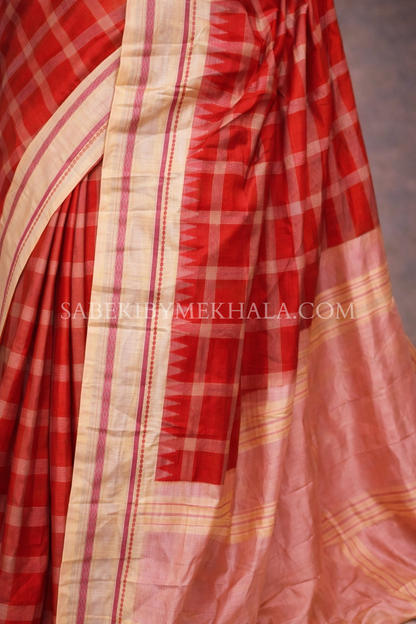 Tomato Red and Beige Checkered No Zari pure silk Gadwal
