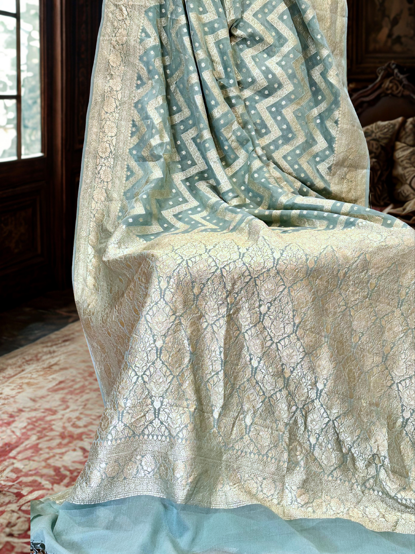 Khaddi georgette Banarasi in Pastel Aqua Blue with Antique Zari-2