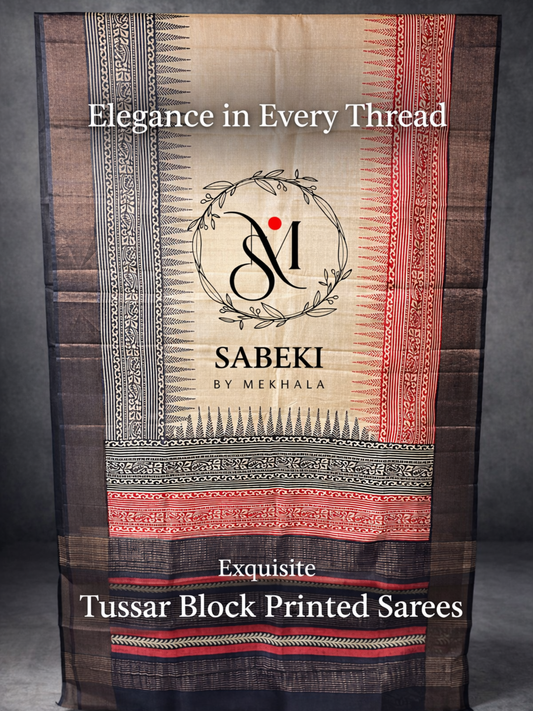 Hand Block Printed Pure Tussar with Red and Black Border