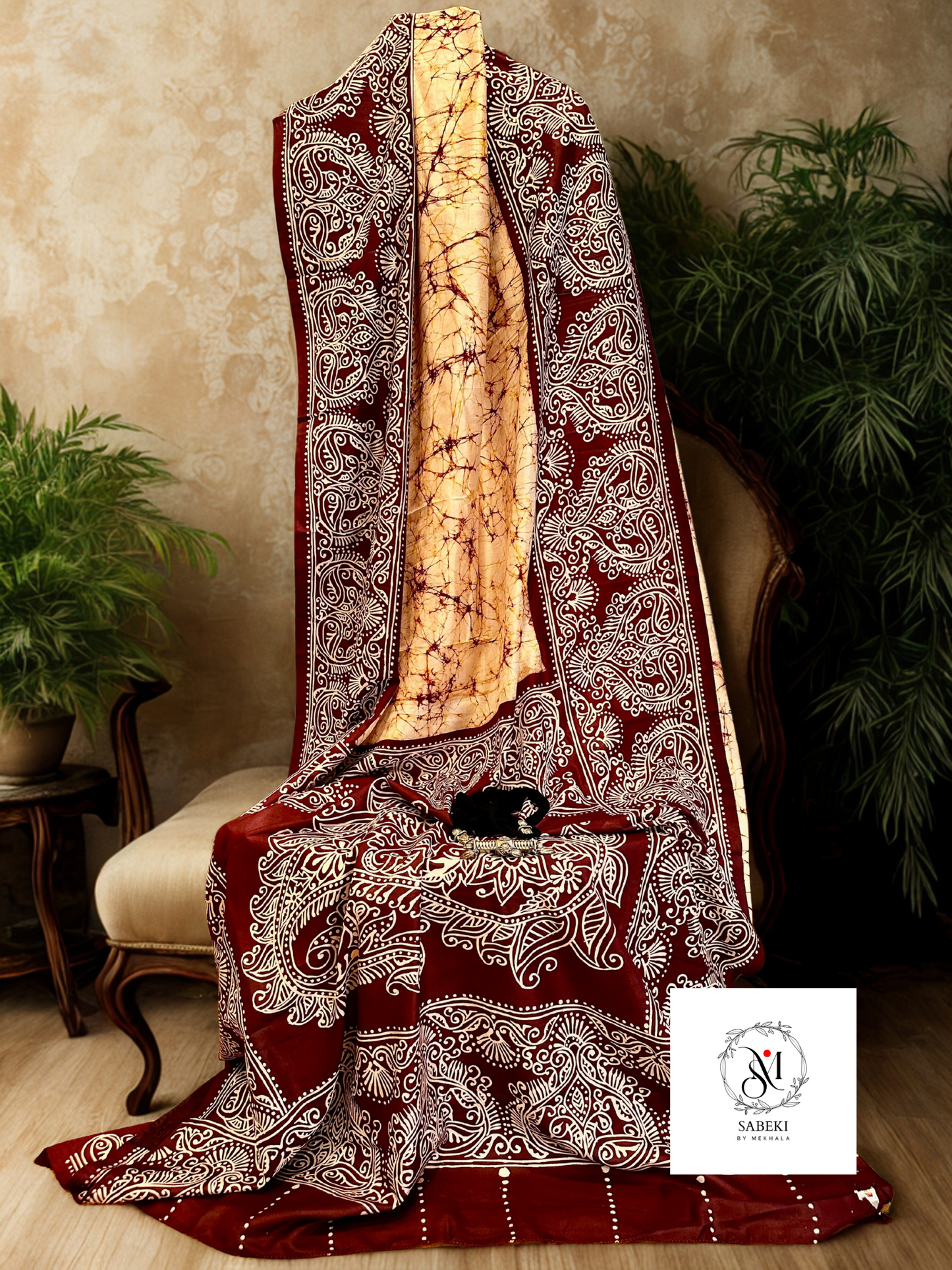 Ambatik on golden color silk with Maroon and white-7
