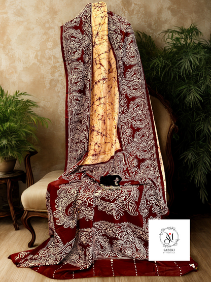 Ambatik on golden color silk with Maroon and white-7