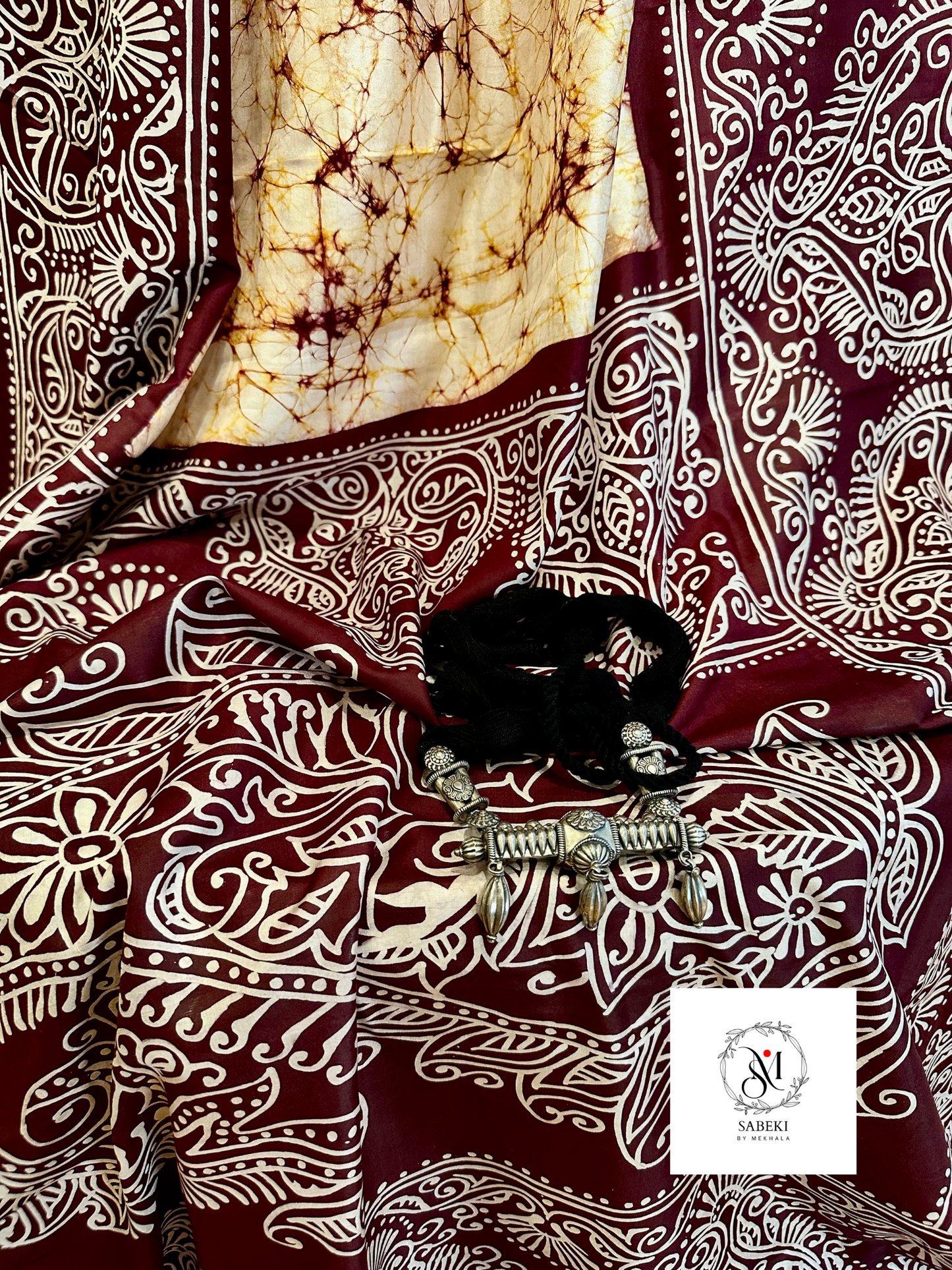 Ambatik on golden color silk with Maroon and white-7