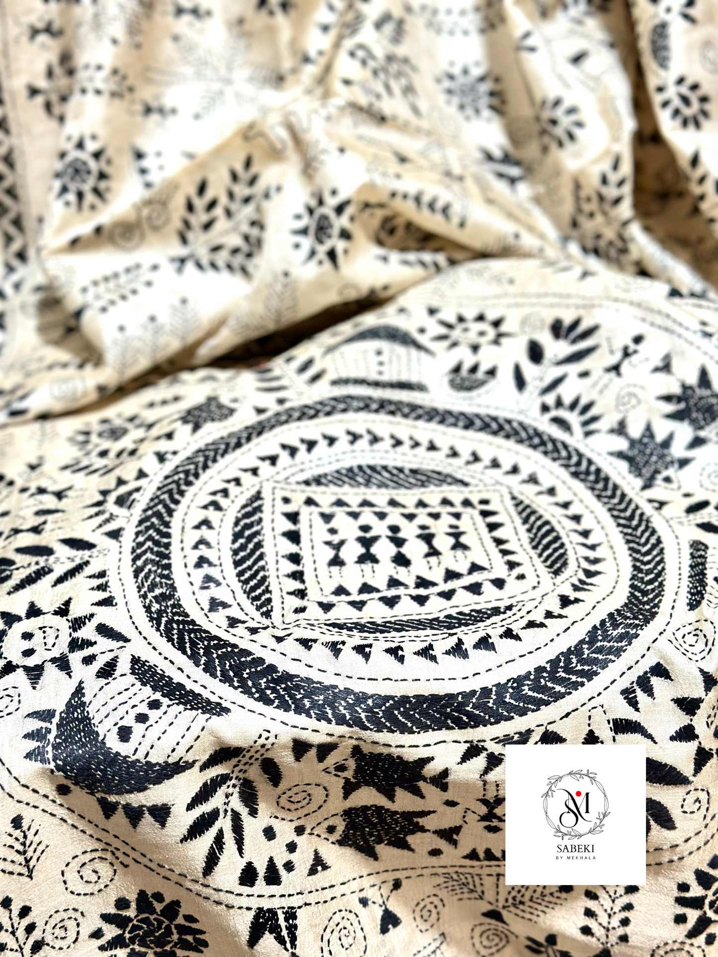 Monochrome Gachi tussar Black thread warli kantha
