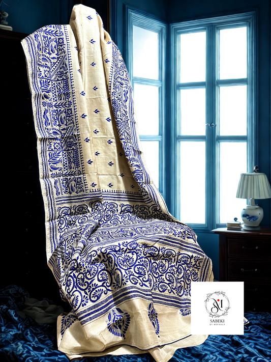 Pure Gachi Tussar Kantha with Blue Thread