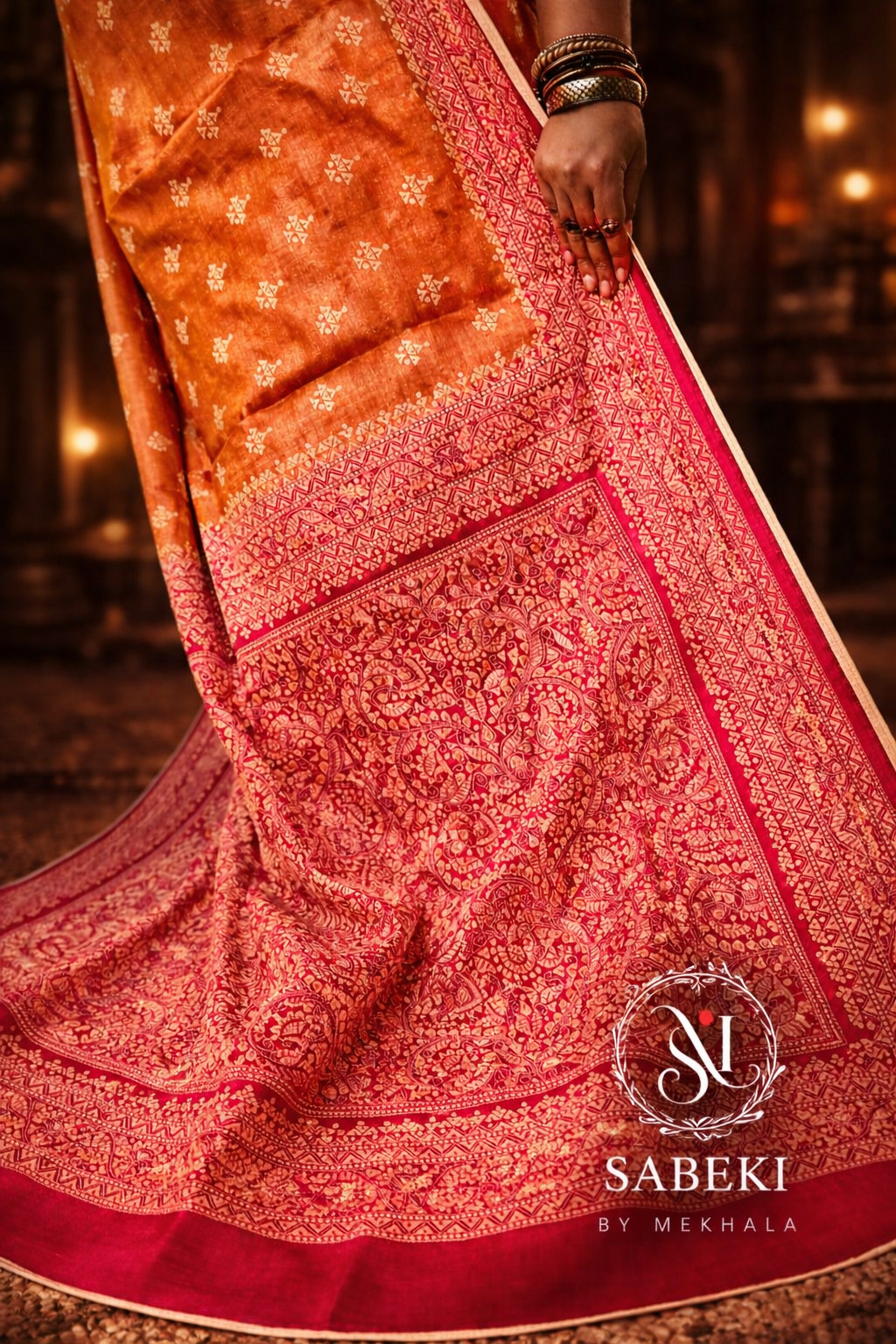 2D Nokshi Kantha by Takdira Begum(Pastel Orange-Dusty pink)