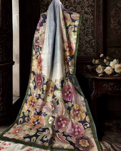 Exclusive hand pastel grey kantha on tussar