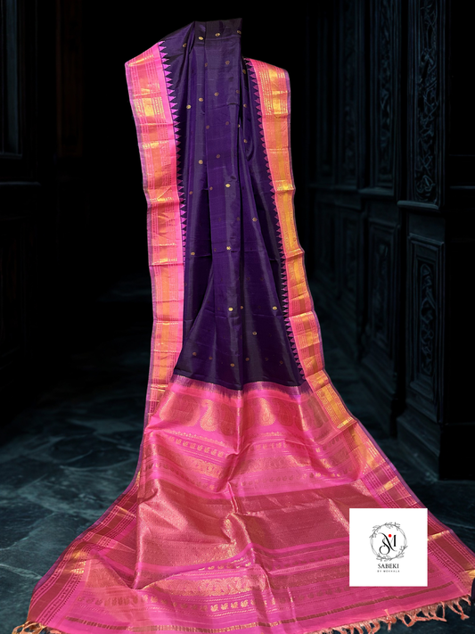 Aubergine purple and Pink pure silk Gadwal