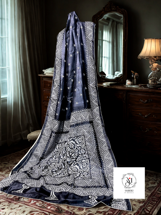 Charcoal Black and White Tussar Kantha