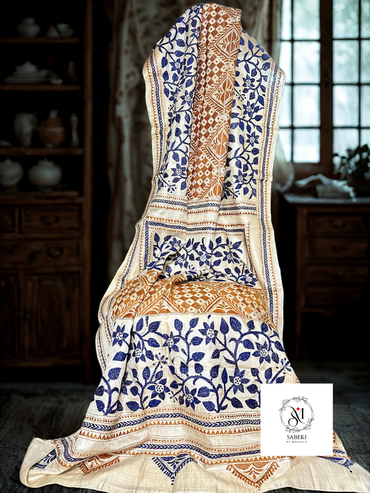 Gachi Tussar Kantha with navy Blue and Brown 3 part design