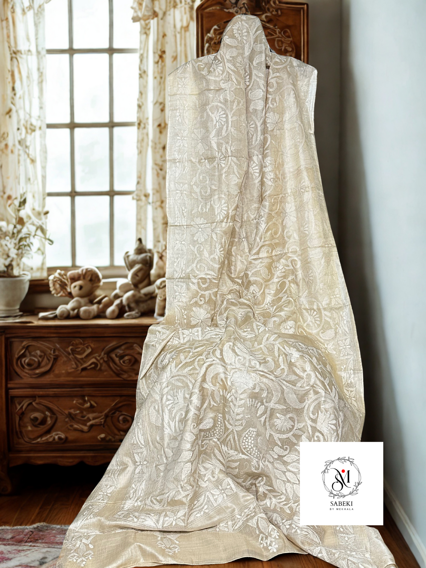 Tussar with White Thread Kantha-3