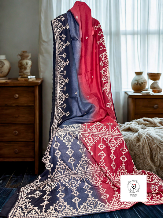 Black, Red and steel gray Tussar with Kutch embroidery