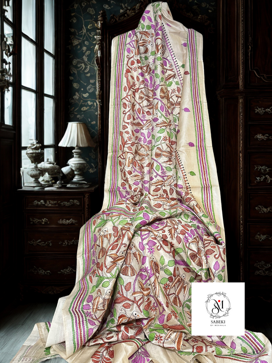 Gachi tussar brown pakhi kantha