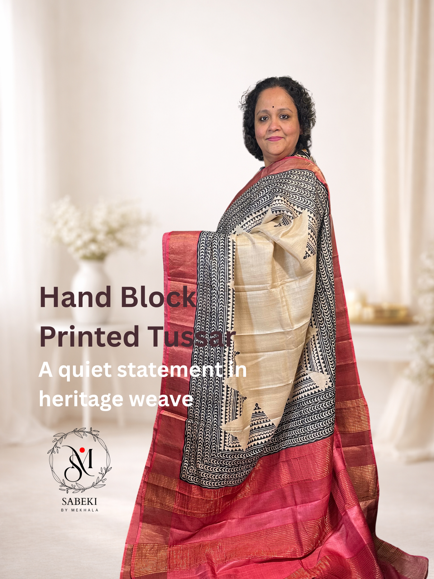 Hand Block Printed Pure Tussar with Tomato Red and Black broad Temple Border