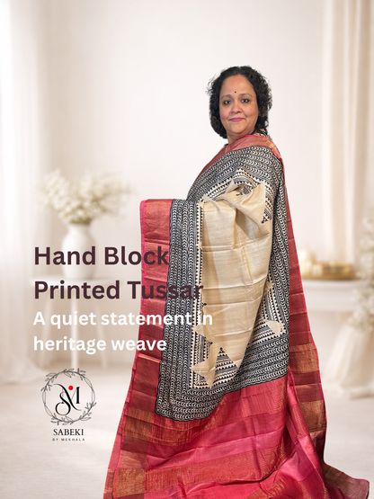 Hand Block Printed Pure Tussar with Tomato Red and Black broad Temple Border