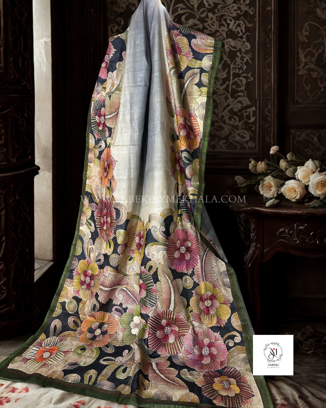 Exclusive hand pastel grey kantha on tussar