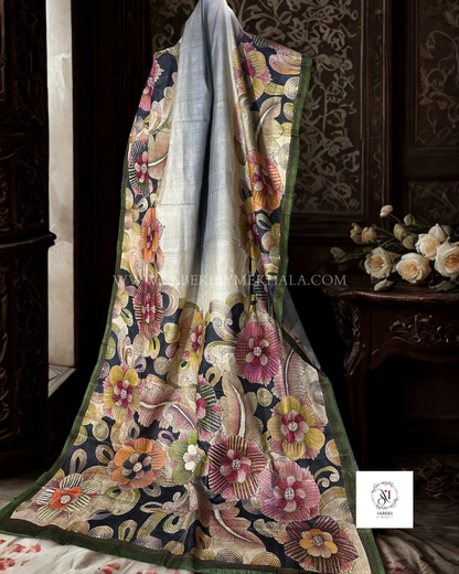 Exclusive hand pastel grey kantha on tussar