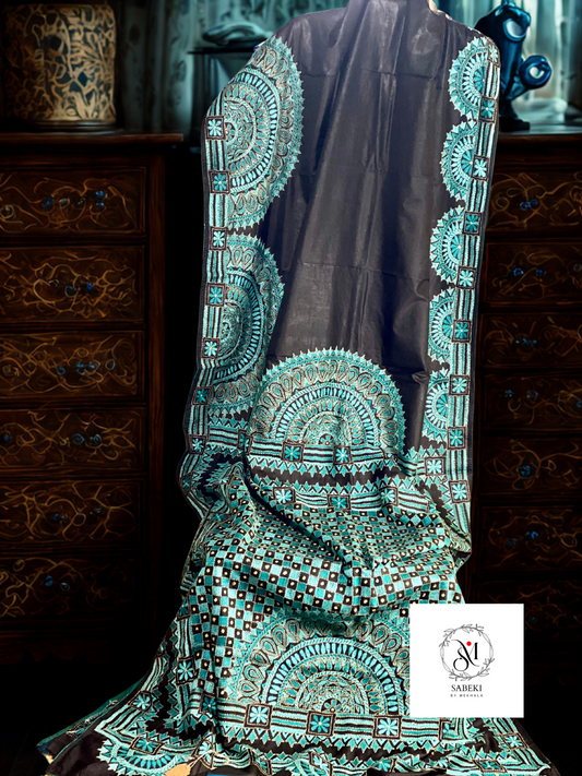 Bangalore Silk Chalchitra Kantha with Turquoise green work