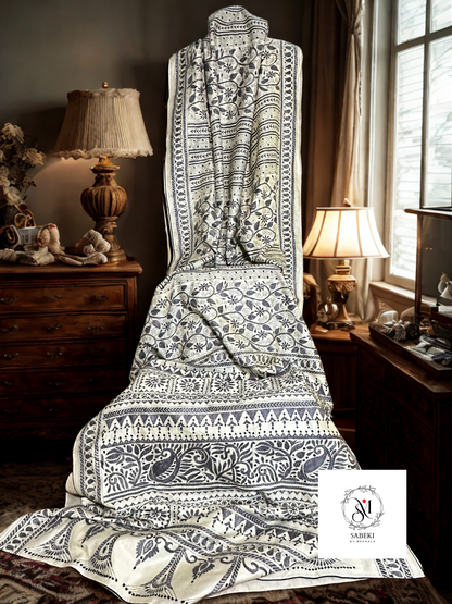 Tussar Kantha with Steel Gray Panel Work