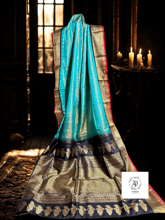 Sea-Green and Black pure silk Gadwal