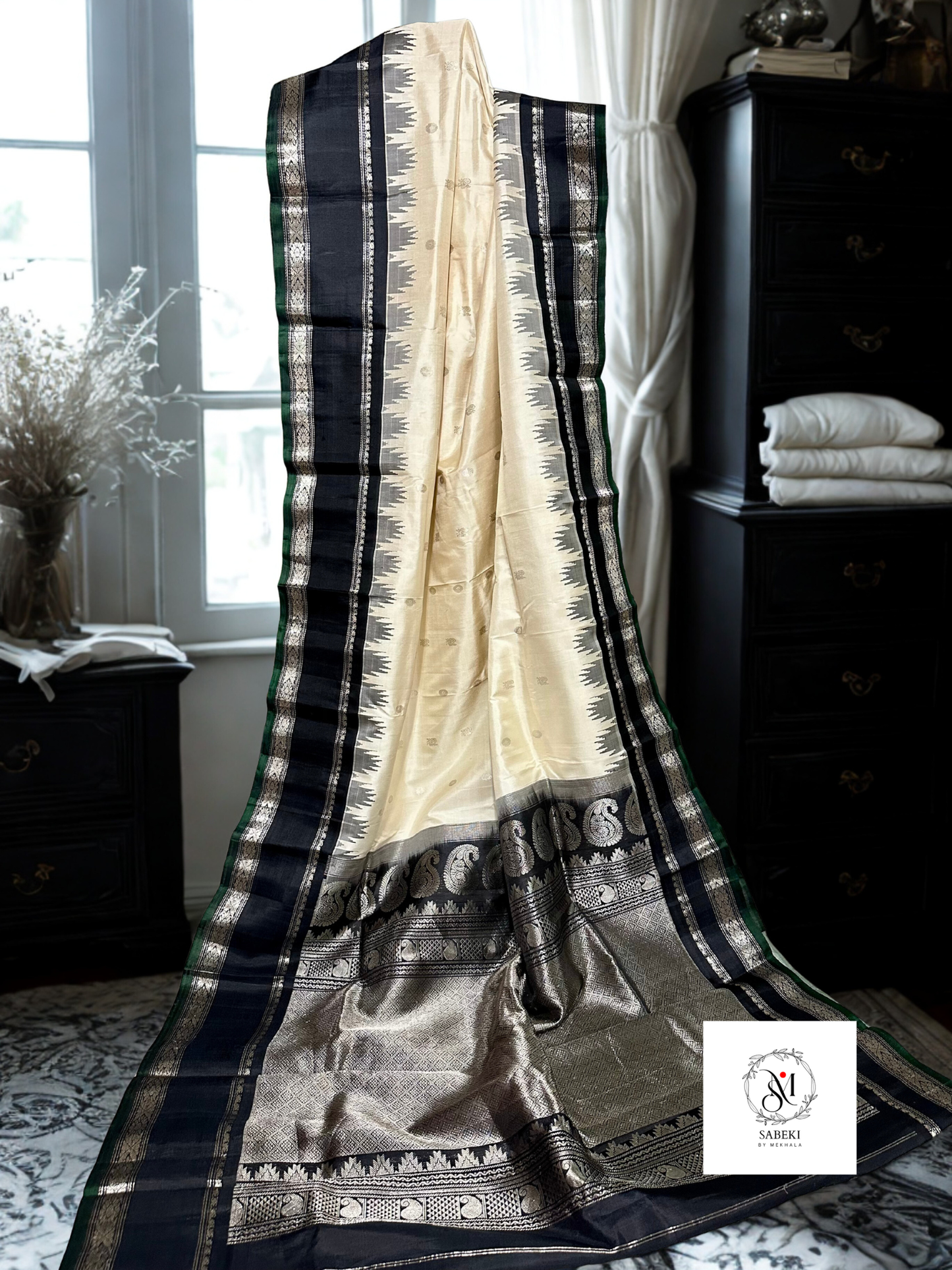 Off-White and Black Rare Silver Zari Pure Silk Gadwal