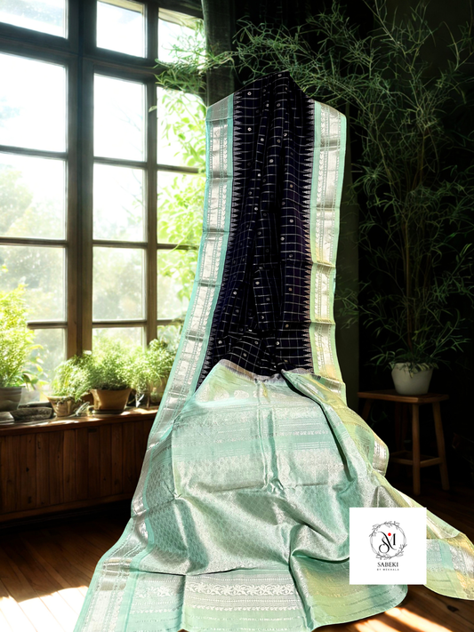 Navy Blue body-Mint Green Checkered  pure silk Gadwal