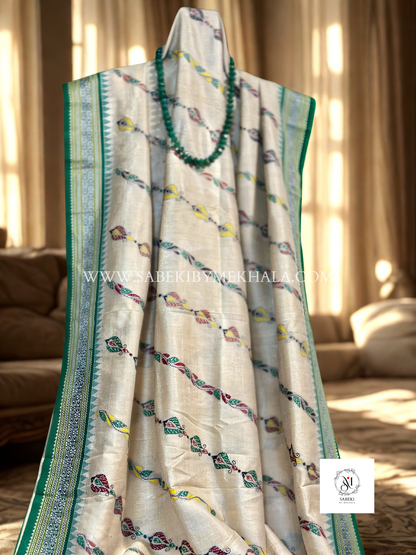 Vidarbha Tussar Kantha in green thread Ada Jangla Design