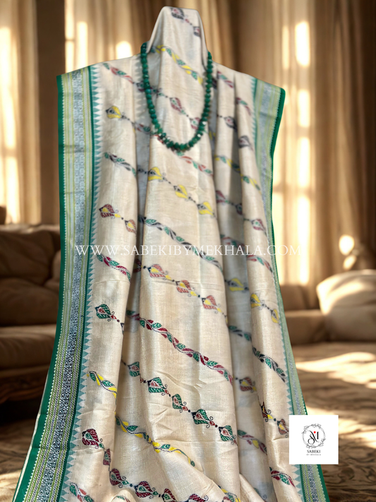 Vidarbha Tussar Kantha in green thread Ada Jangla Design