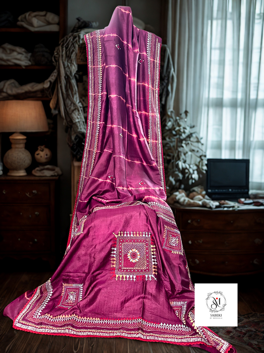 Maroon Tussar Leheriya with Hand Embroidery