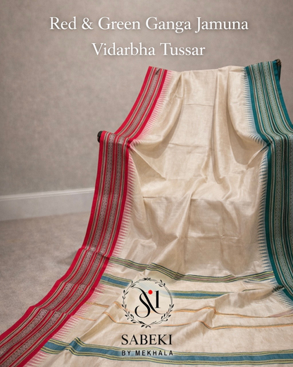 Vibarbha Karvati Kinar with Red and Green borders Tussar
