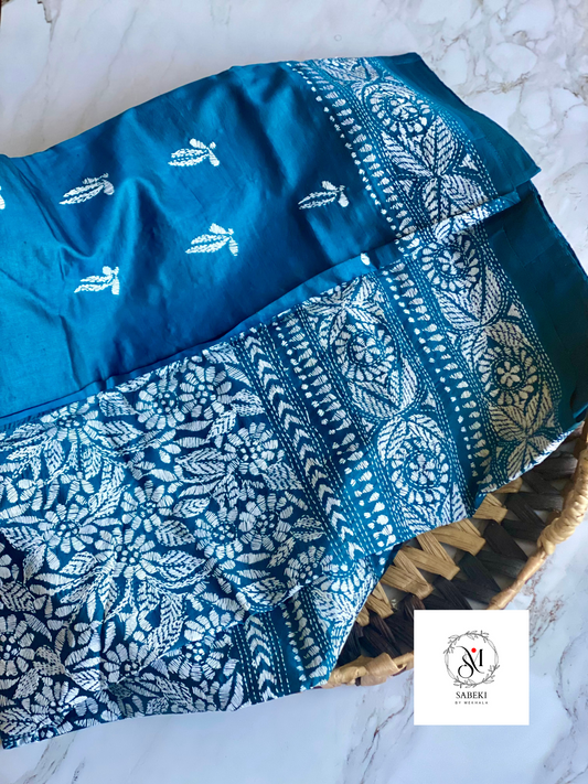 Peacock Blue and White Bangalore Silk Kantha
