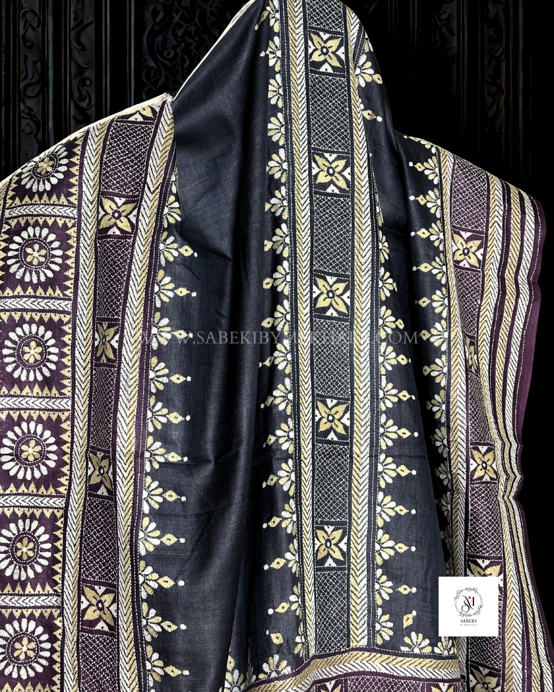 Charcoal and Purple Gachi Tussar Kantha with 3 borders