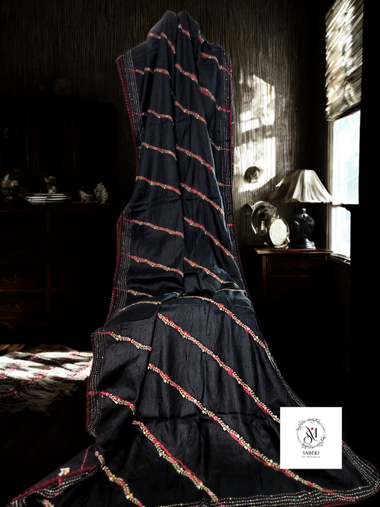 Black Tussar with Red Leheriya and Hand Embroidery