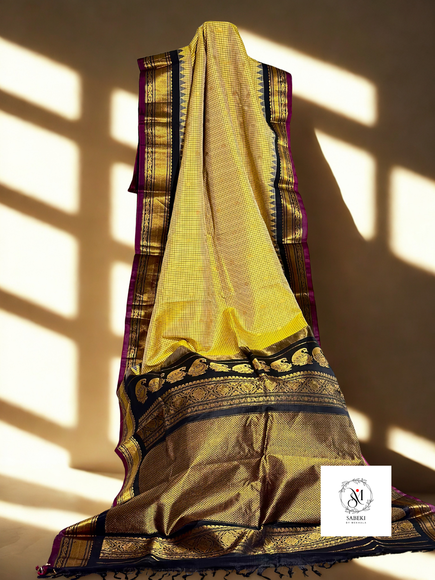 Yellow and Black Checkered pure silk Gadwal
