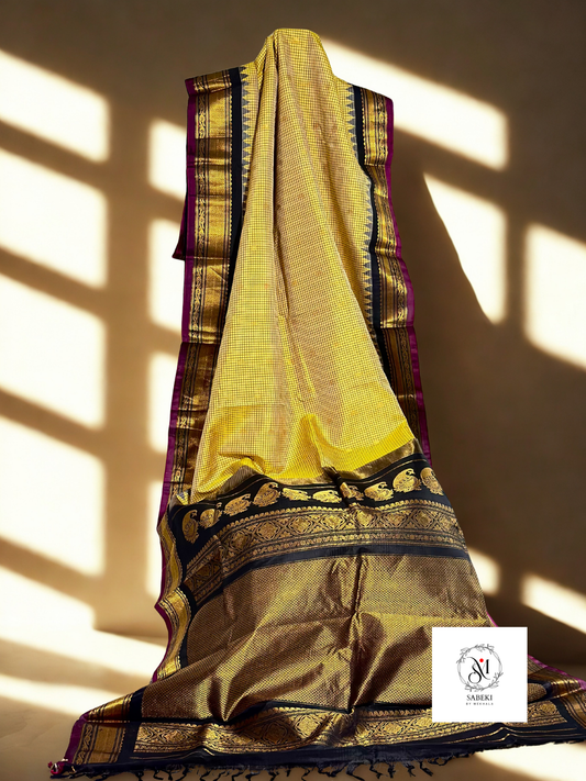 Yellow and Black Checkered pure silk Gadwal