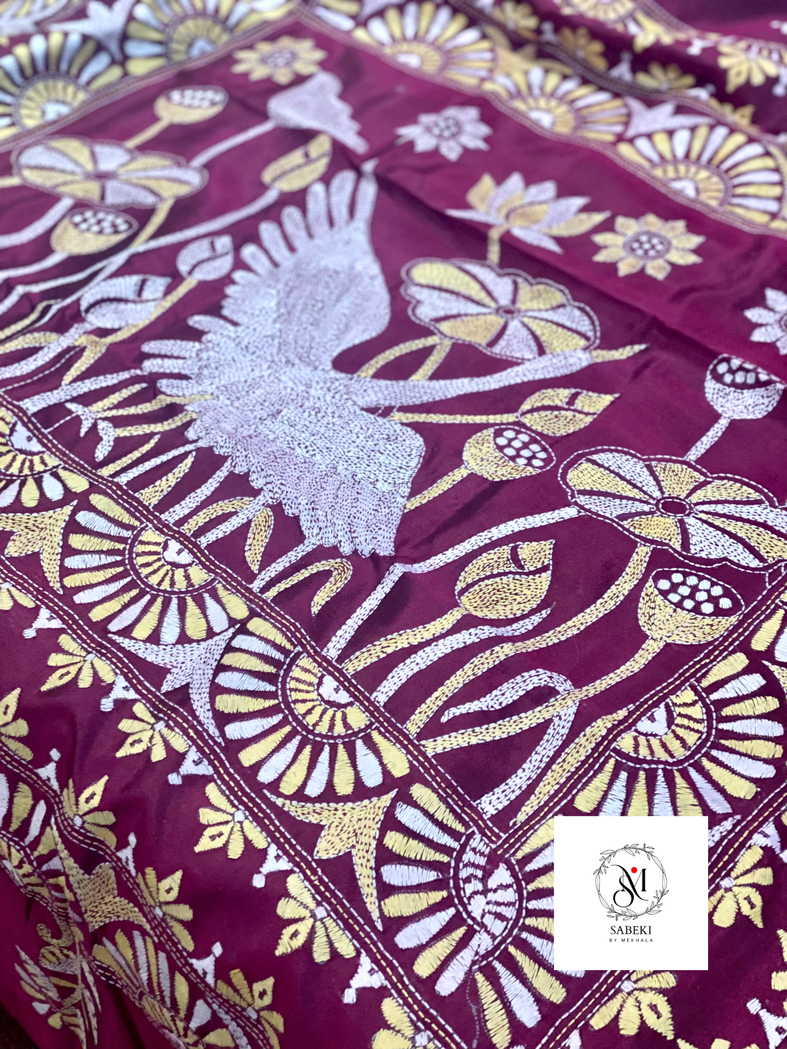 Purple Pink Kantha with White and Yellow Thread Work