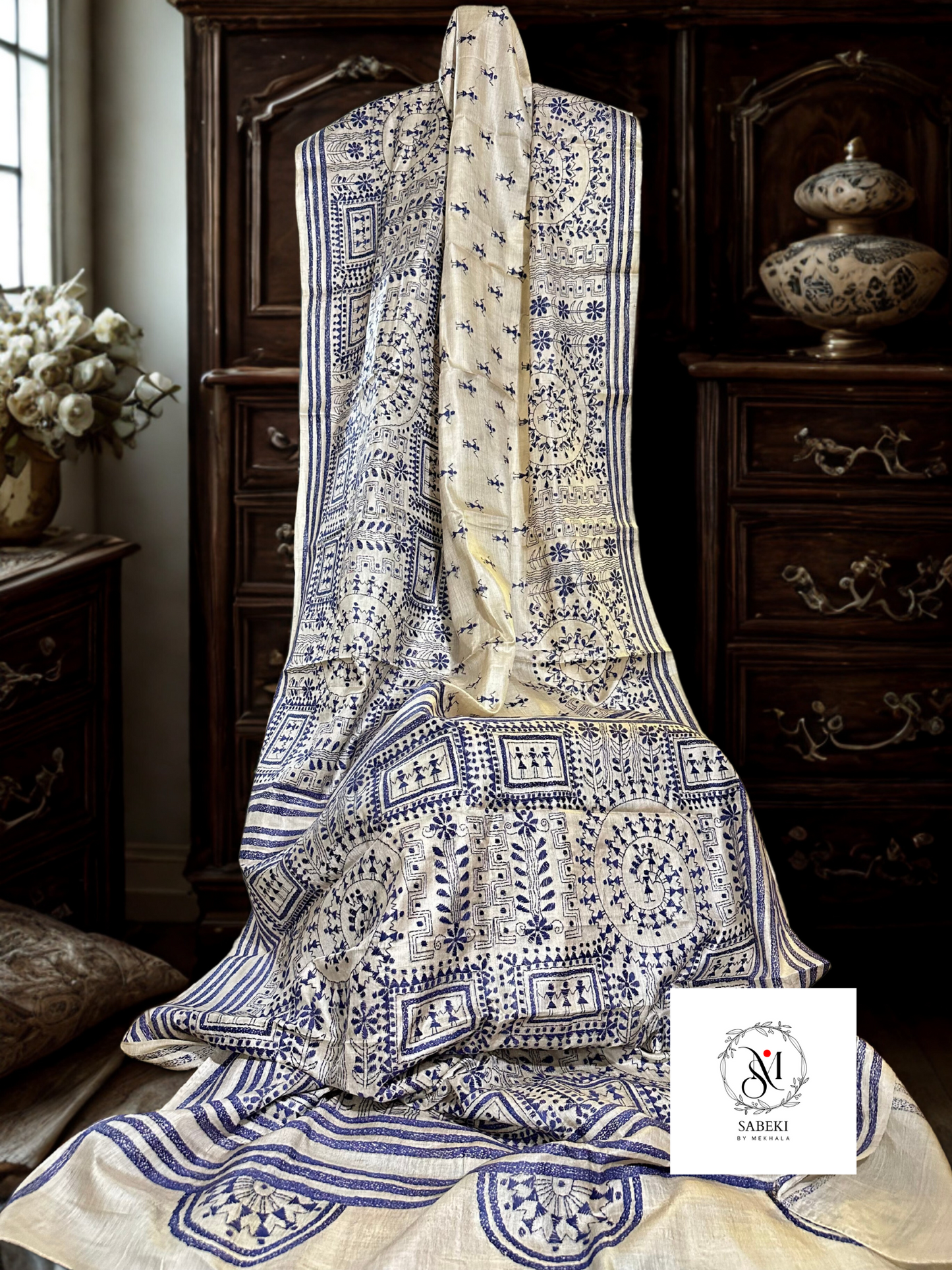 Gachi by Gachi tussar Navy blue thread warli kantha