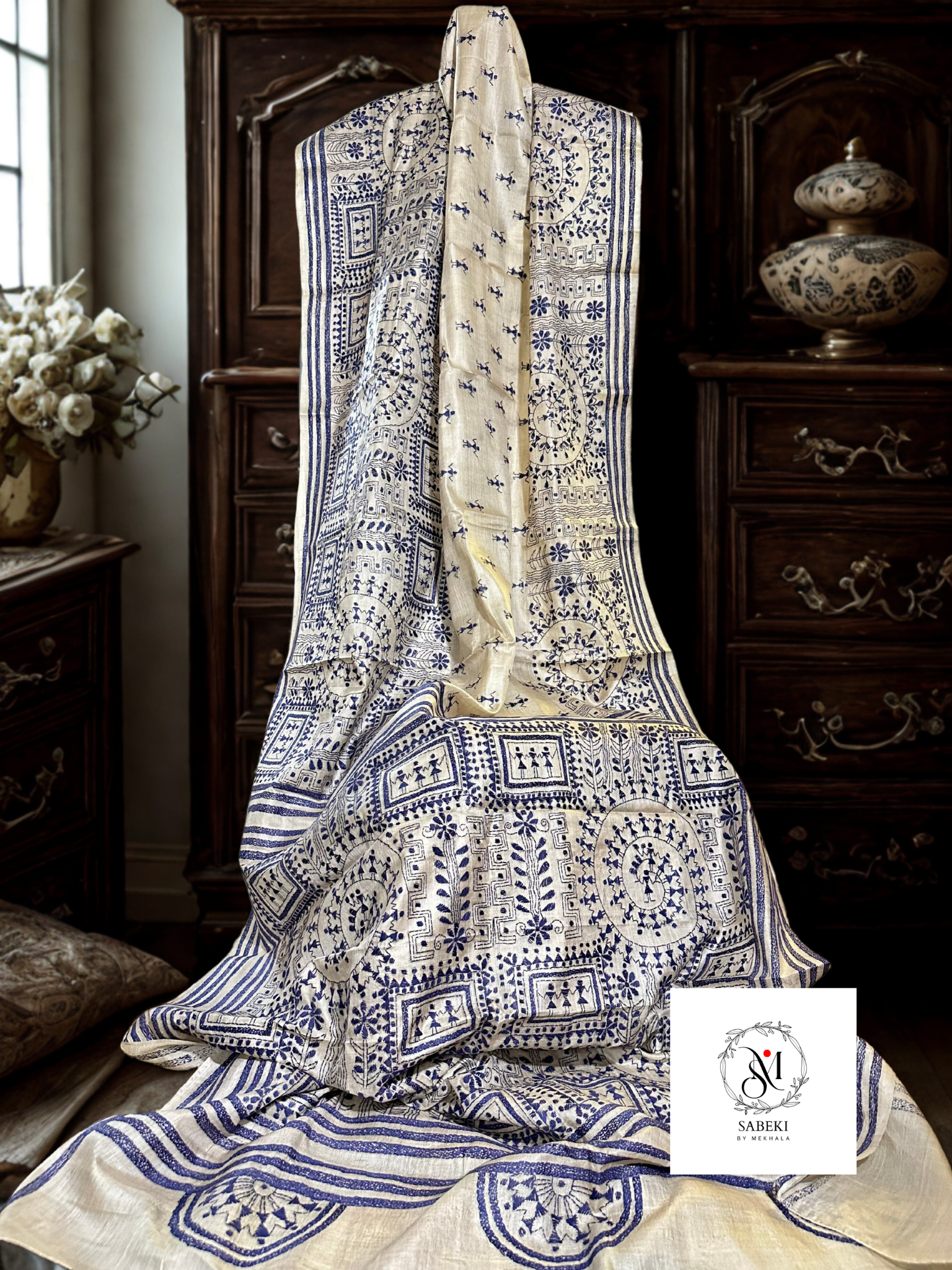 Gachi by Gachi tussar Navy blue thread warli kantha