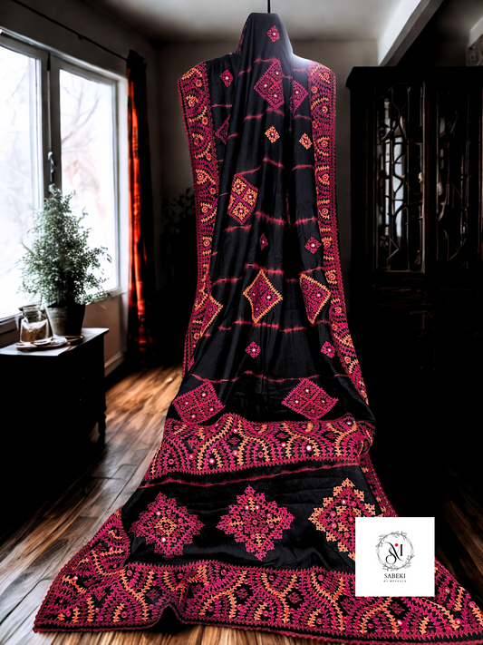 Pink and Orange Hand Gujrati on Tussar