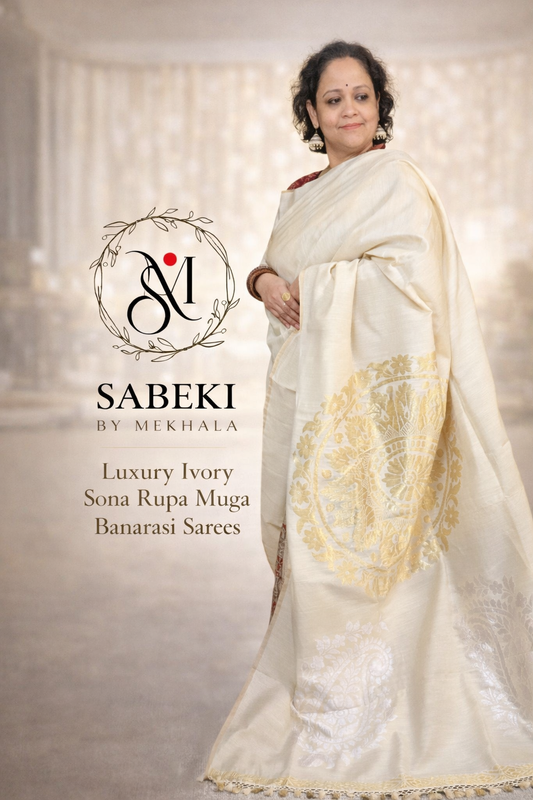 Pure Muga Contemporary Banarasi-Off-White golden round motif and silver double koniya