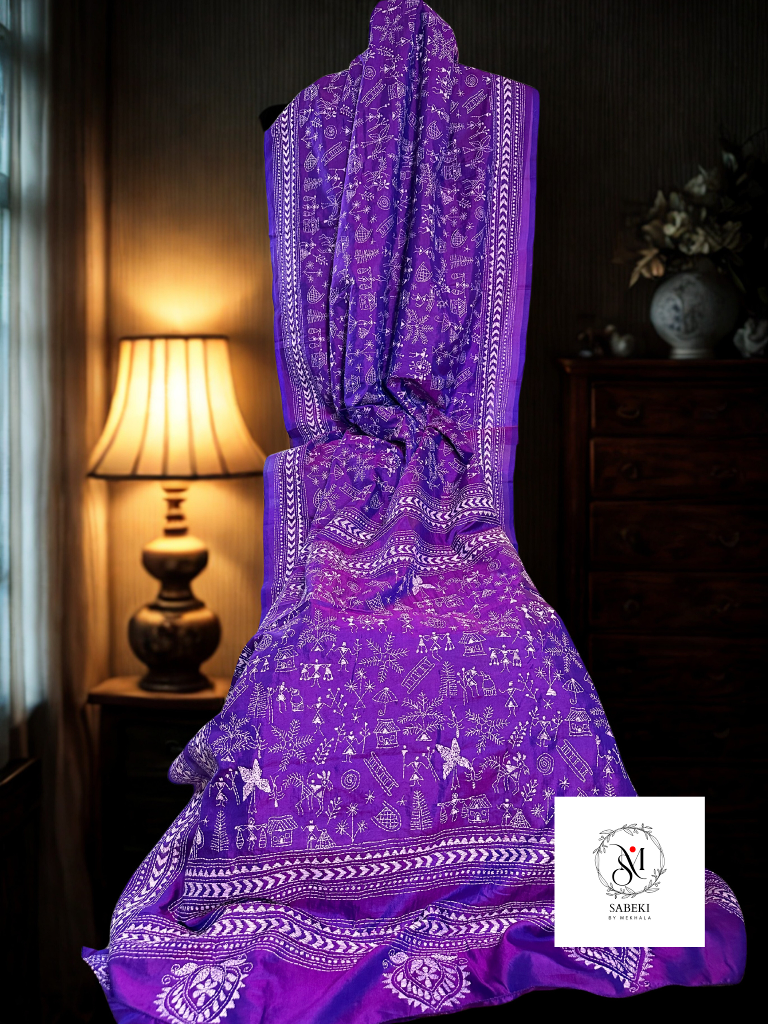 Purple Warli Kantha
