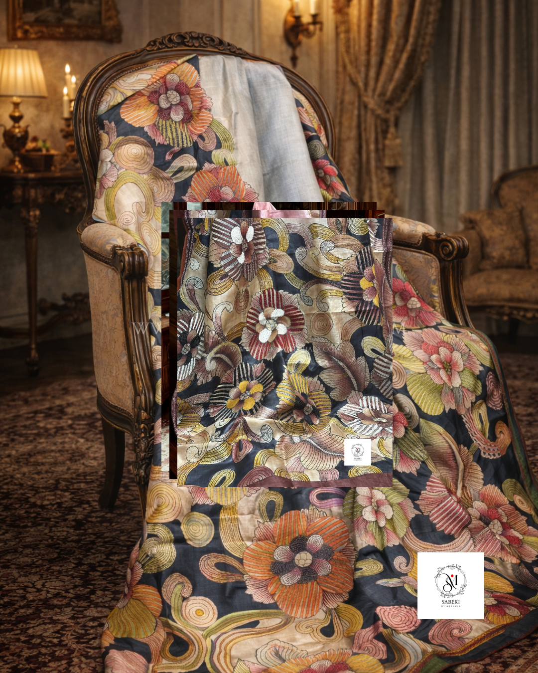 Exclusive hand pastel grey kantha on tussar