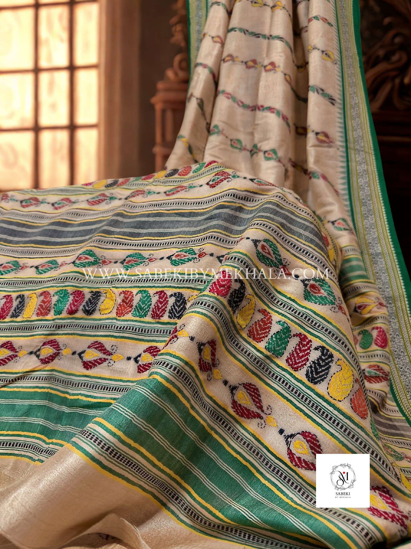 Vidarbha Tussar Kantha in green thread Ada Jangla Design