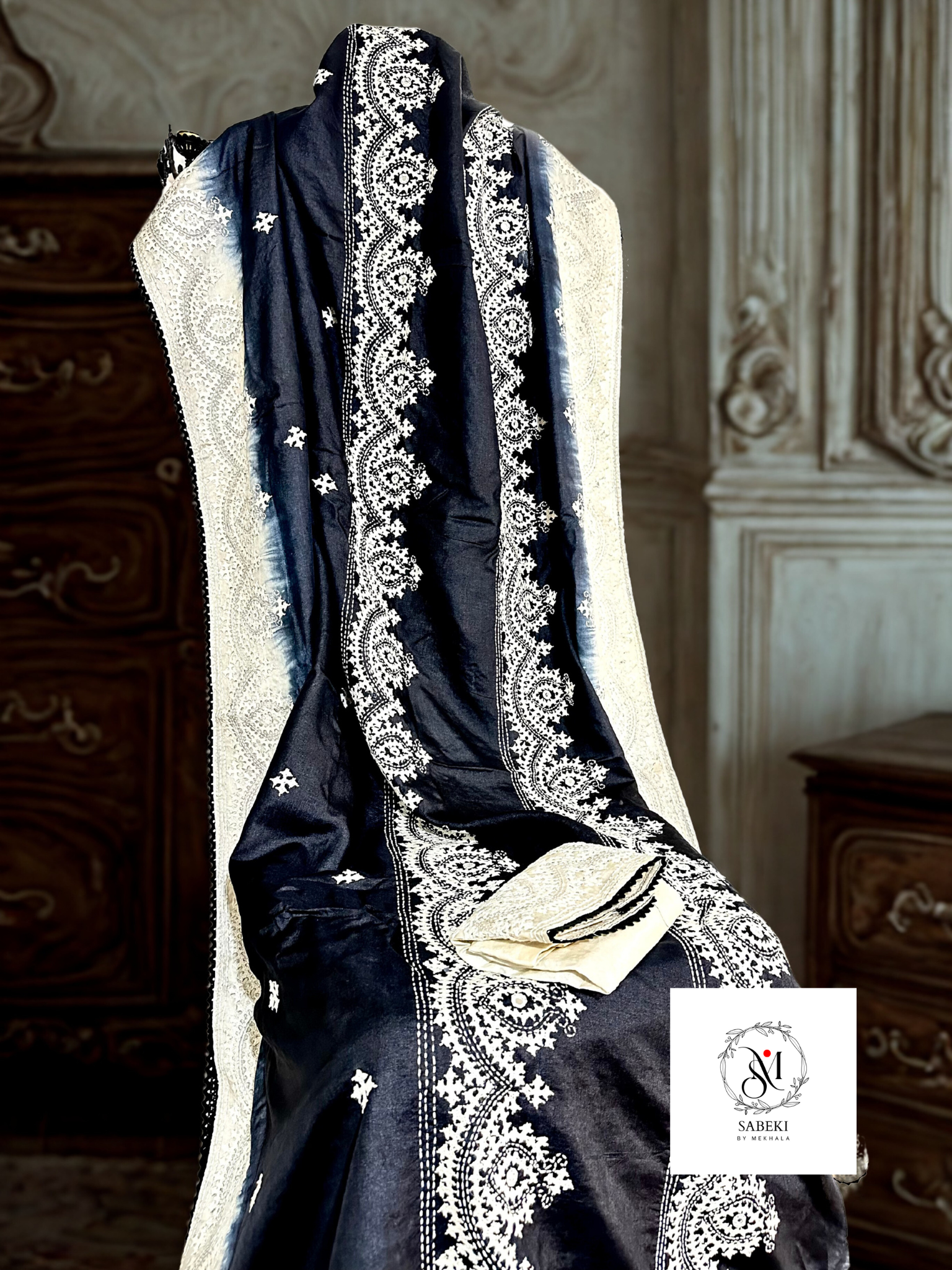Dyed Black and White 4 line Gujrati Tussar